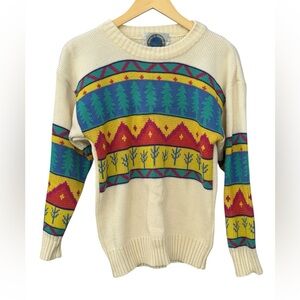 Vintage World Famous Knit Sweater Forest Tree Mountain Scene Unisex M